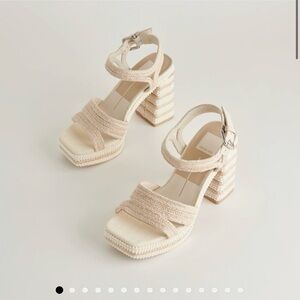 Dolce Vita Anira Pearl Heels- Platform Braided Strap Block Heel Sandals - Cream